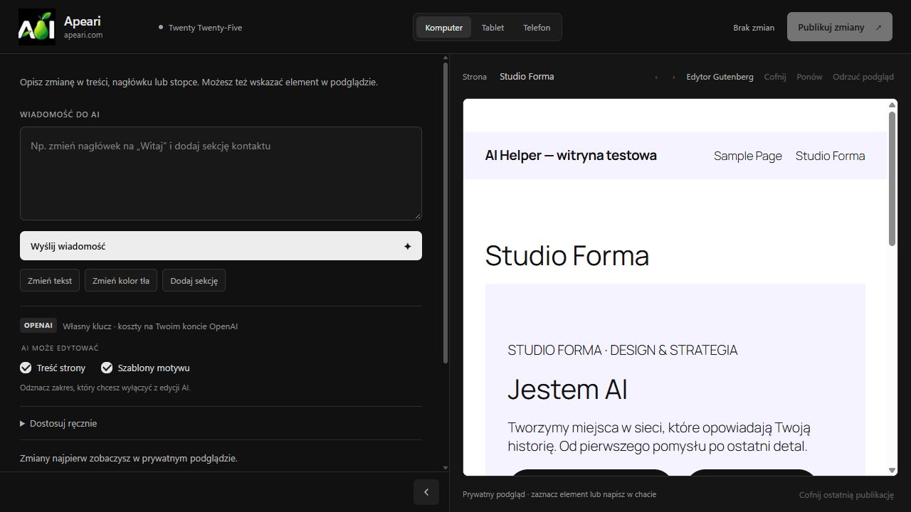 Apeari PRO WordPress editor with Gutenberg content and theme template editing tools